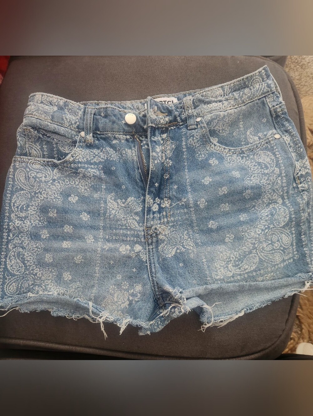 High-Rise Blue Paisley Print Denim Cutoff Shorts